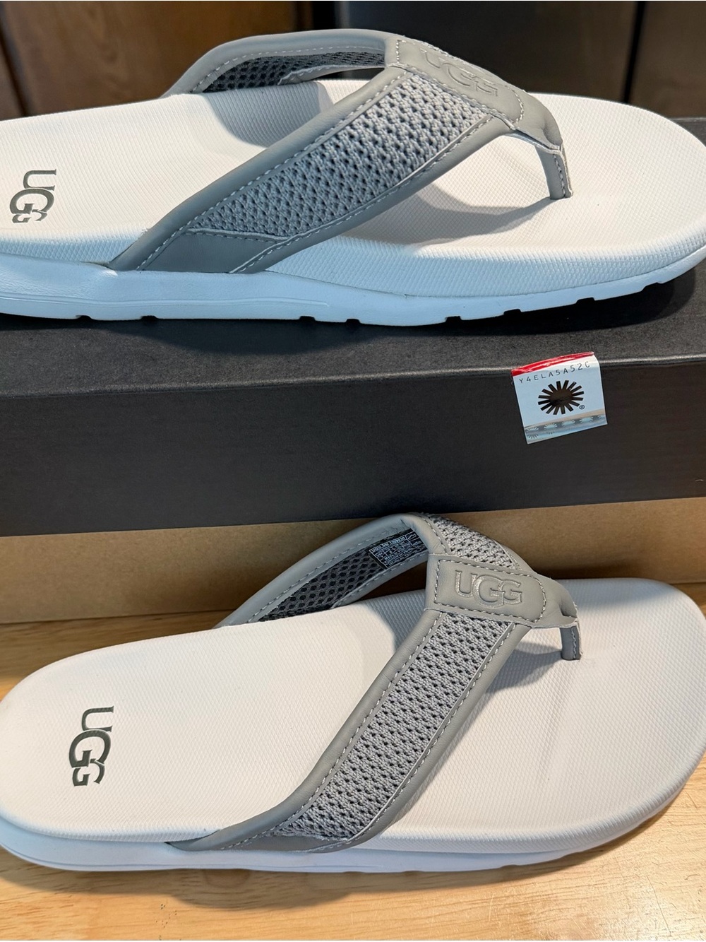 UGG size 7 white and gray sandals, new in box
